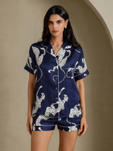 [Guepardo Azul Marino] SilkSilky-ES Short Sleeve Notch Collar Pijamas de mujer 004