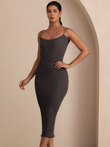 [Gris] SilkSilky-ES Spaghetti Strap Boat Neck Vestido 003