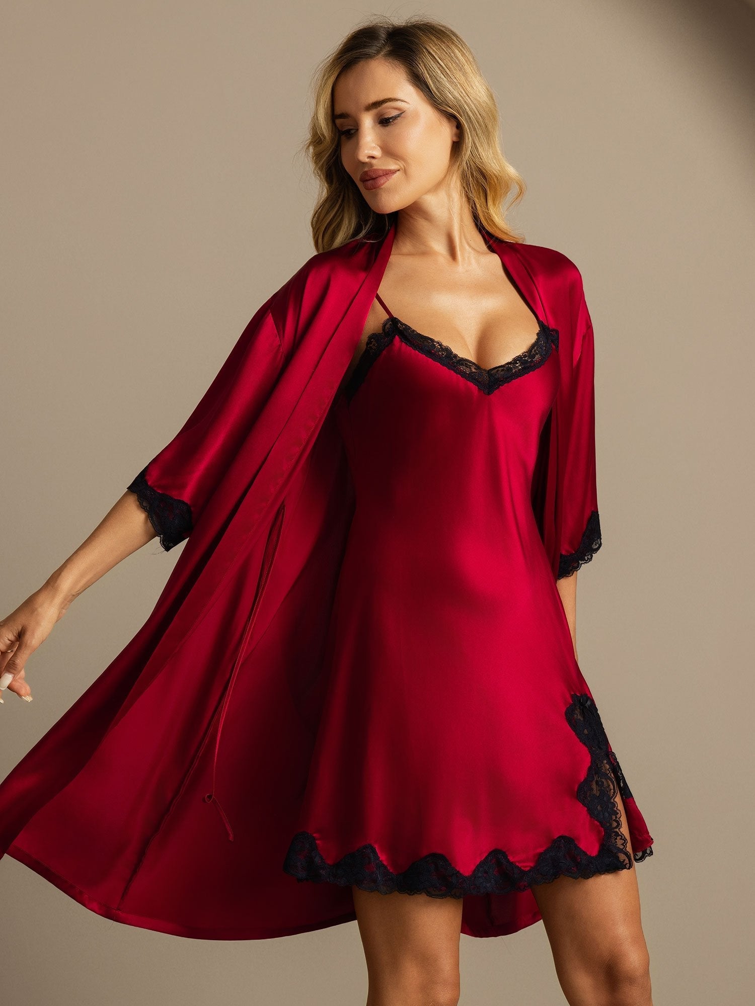 [Vino] SilkSilky-ES A metà Cuello en V Conjunto de camisón y bata 004