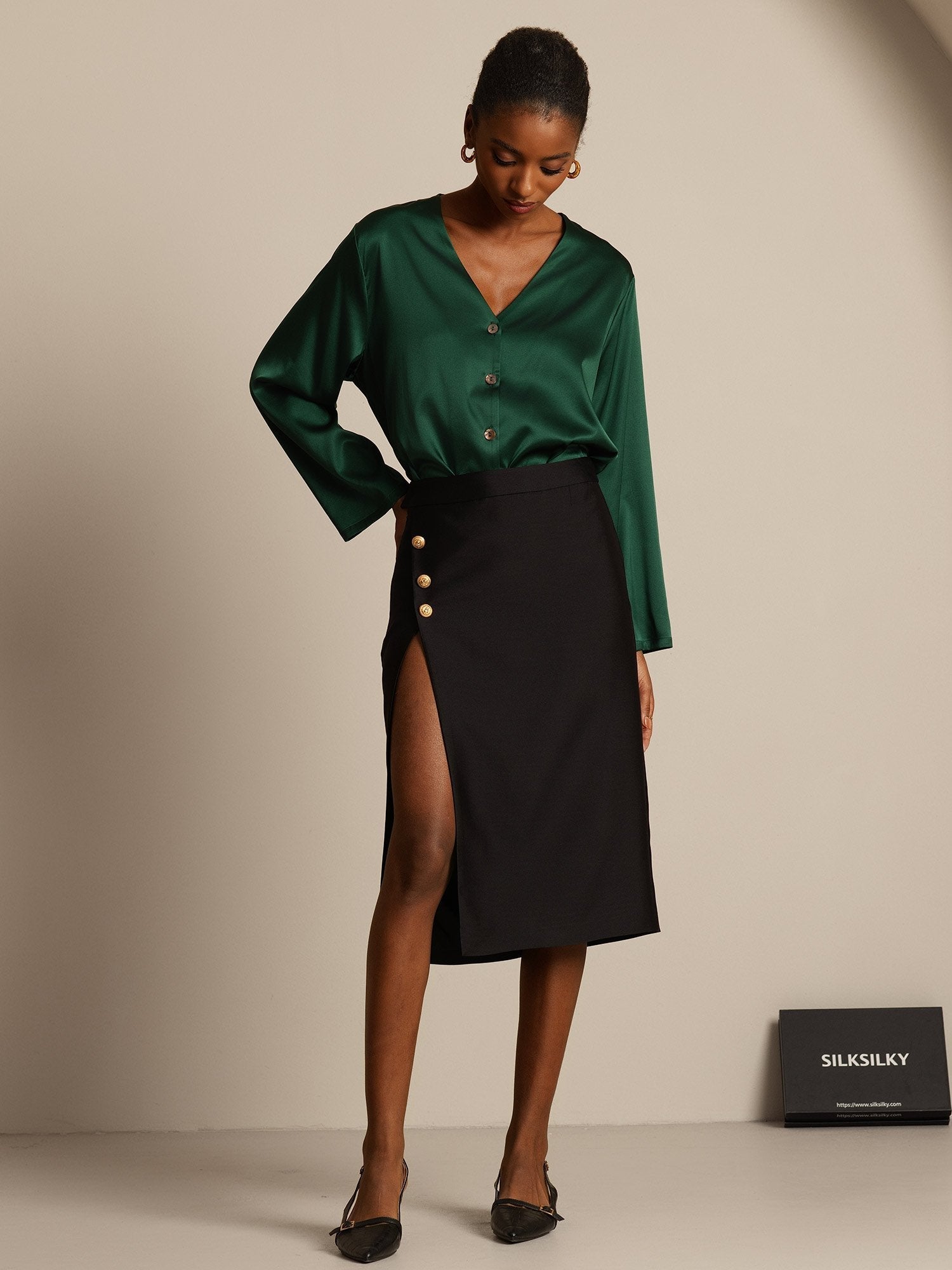 [Negro] SilkSilky-ES 32Momme Silk-Wool Blend Skirt 008,