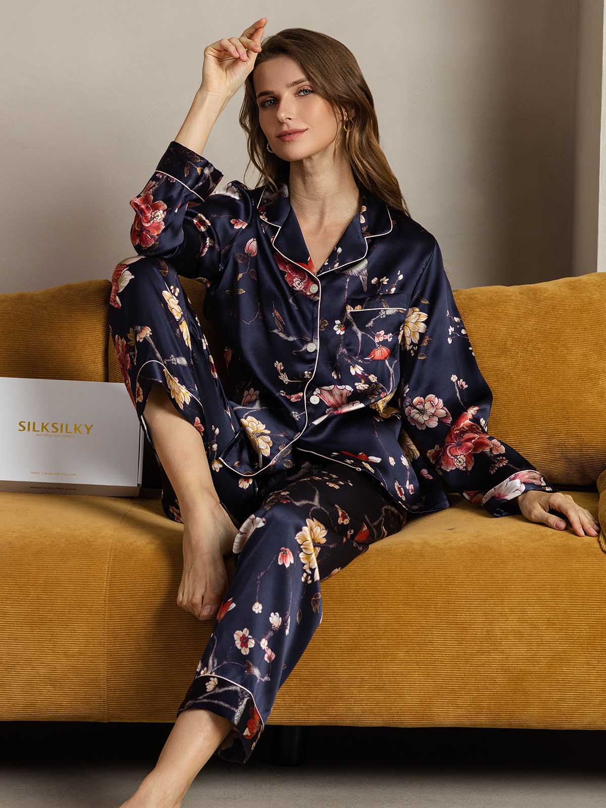 [Floral Azul Marino] SilkSilky-ES Seda Pura Womens Pajamas 003