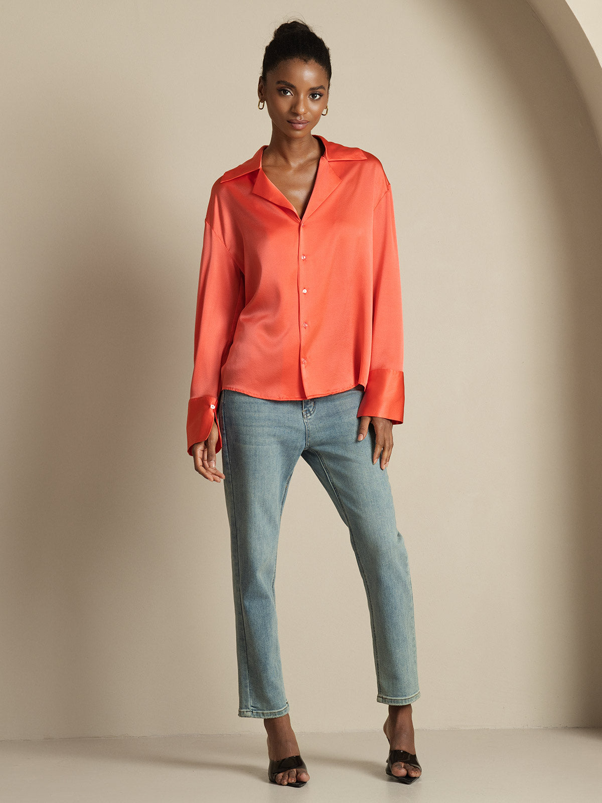 [Rojo Imperial] SilkSilky-ES 19Momme Seda Womens Shirt 008