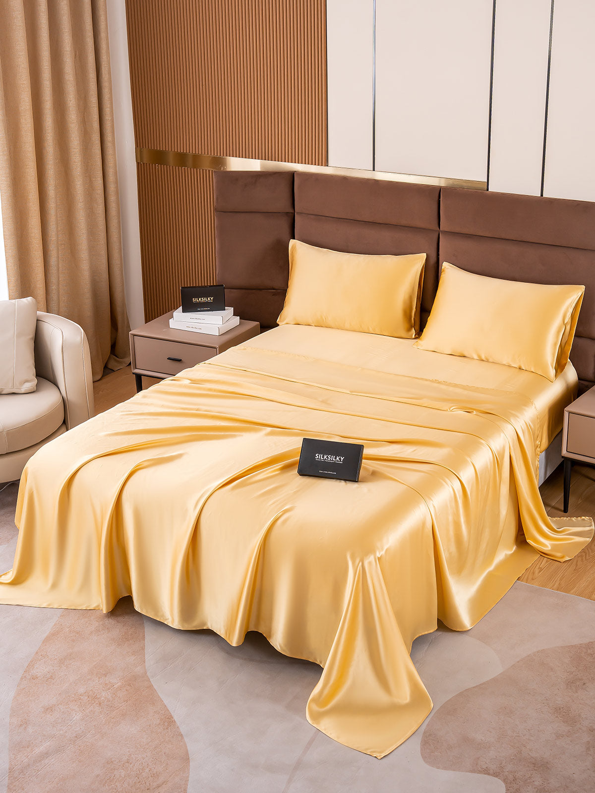 SilkSilky ES 19Momme Seda Pura Bedding Set Champán 005