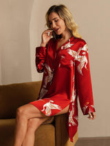 [Rojo Oscuro] SilkSilky-ES Long Sleeve Lapel Collar Camisas de dormir 007