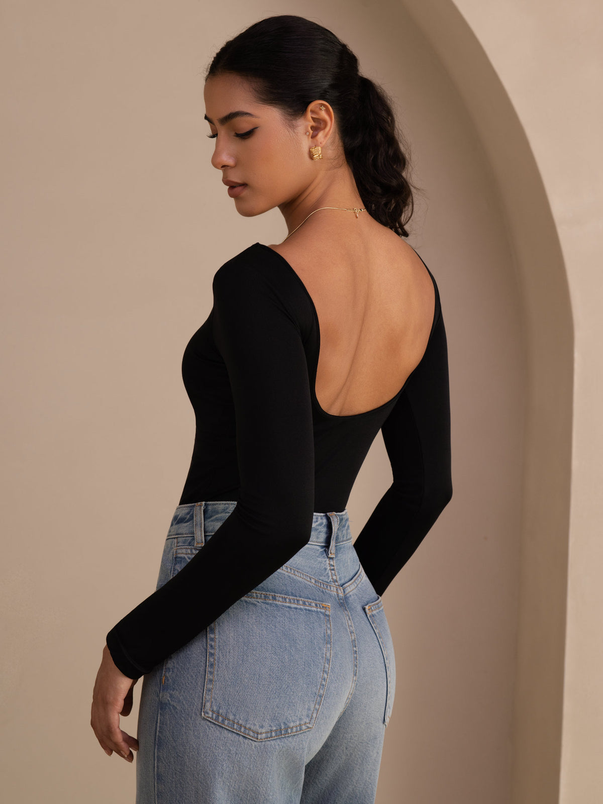 [Negro] SilkSilky-ES Long Sleeve Cuello en U Camisetas de Mujer 001