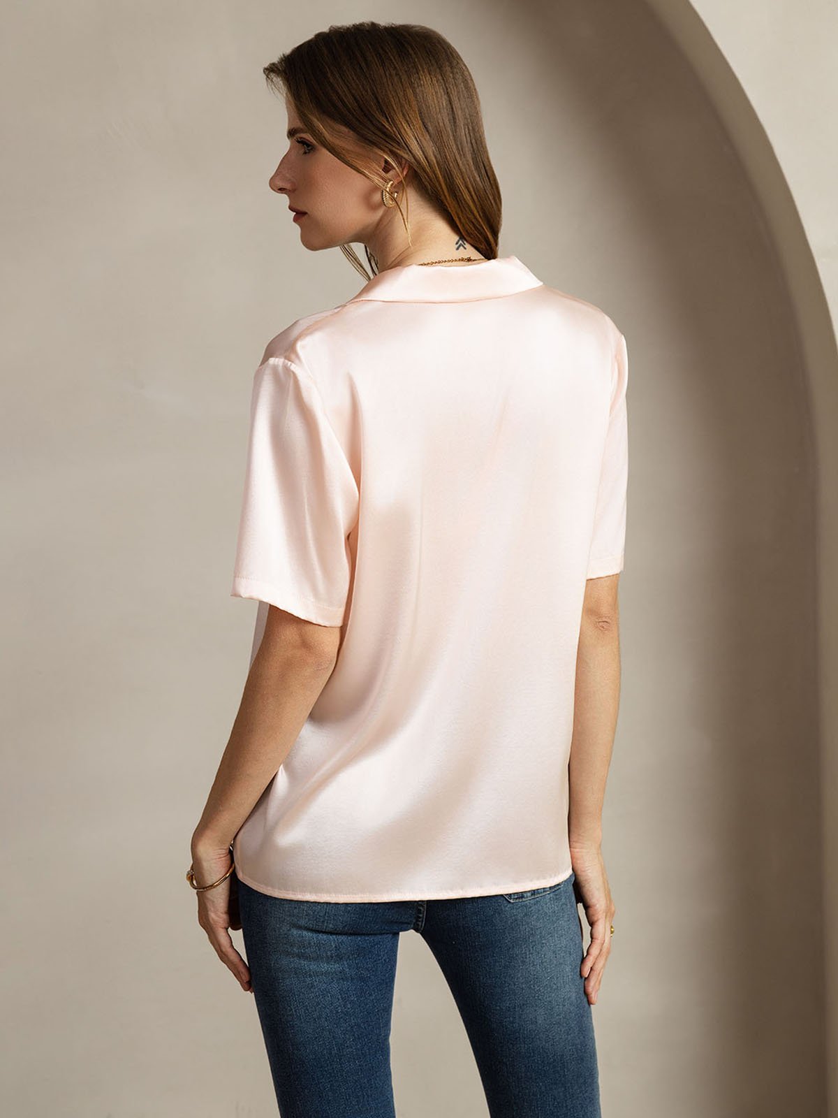 [Rosa] SilkSilky-ES 19Momme Seda Escote V Blusas de Mujer 002