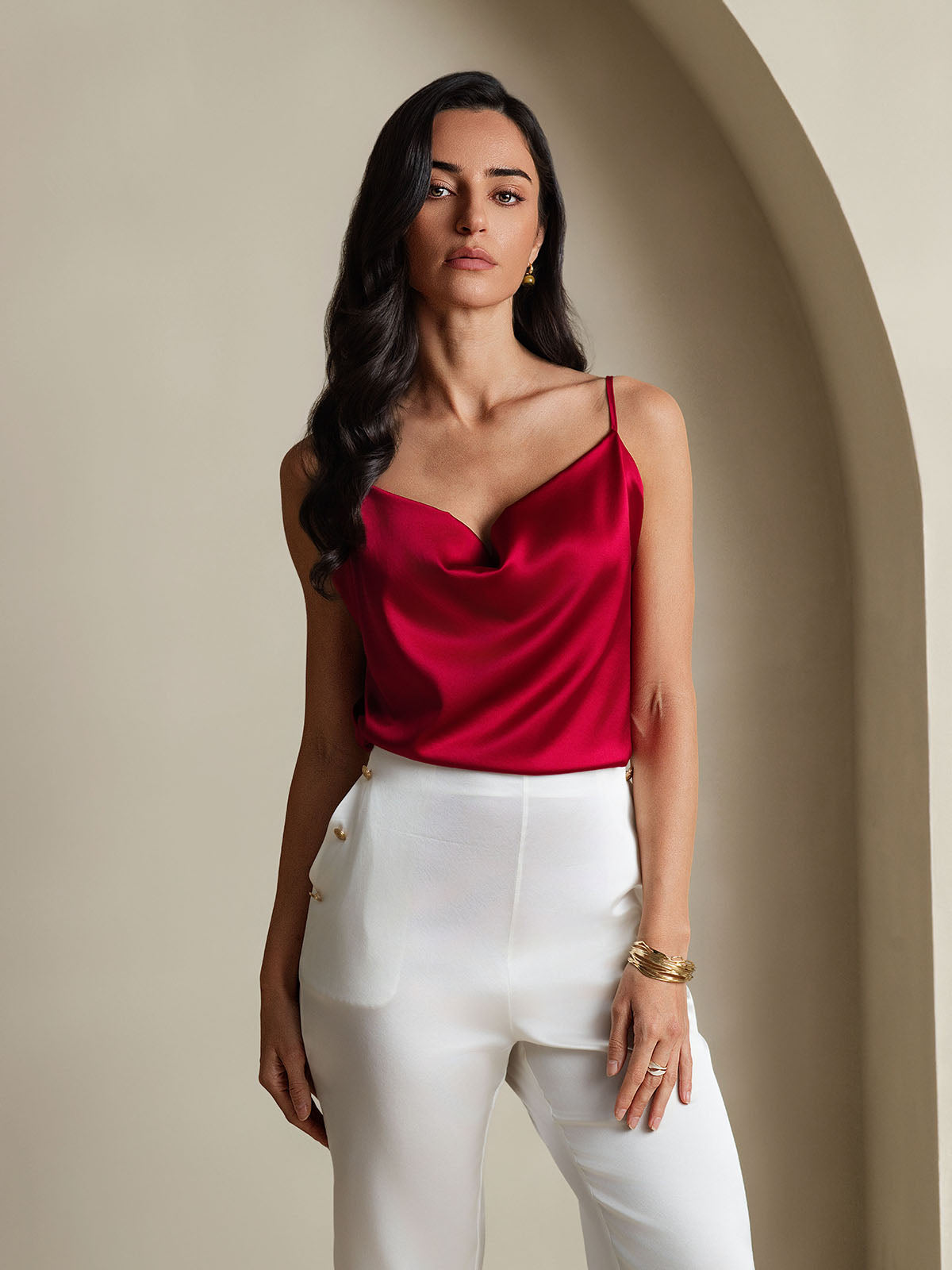 [Vino] SilkSilky-ES 19Momme Spalline Sottili Cuello Drapeado Top de tirantes 005