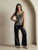 [Leopardo] SilkSilky-ES 19Momme Seda Cuello en U Top de tirantes 007,
