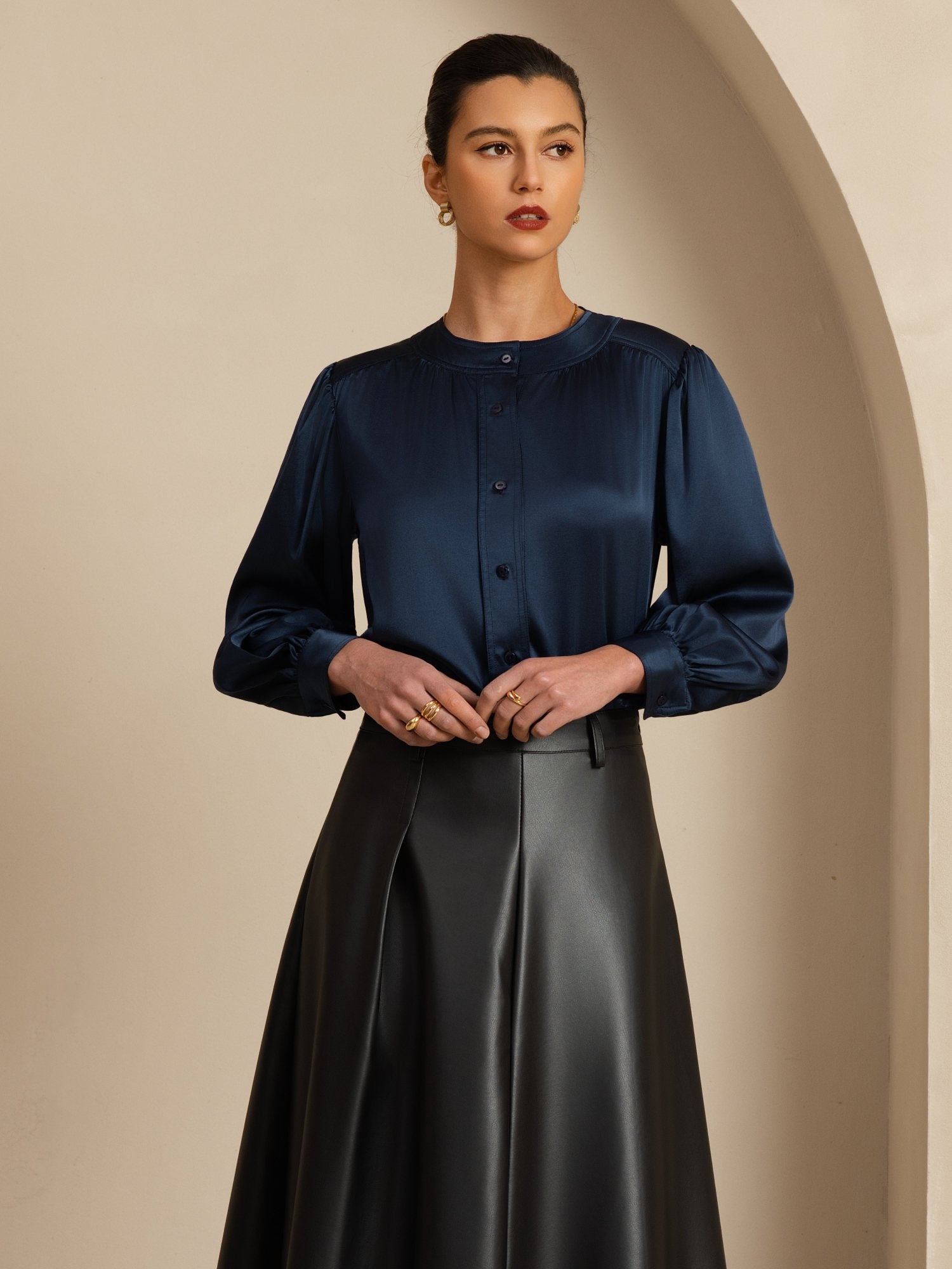 [Azul Oscuro] SilkSilky-ES 19Momme Long Sleeve Round Neck Blusa 004