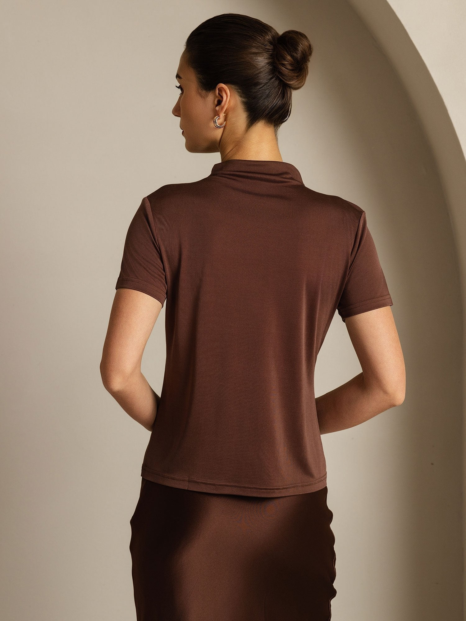 [Café] SilkSilky-ES Seda Pura Cuello Camisero Camisetas de Mujer 002