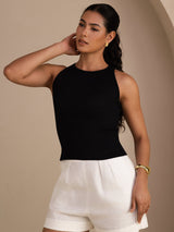 [Negro] SilkSilky-ES Sleeveless Round Neck Top de tirantes 003