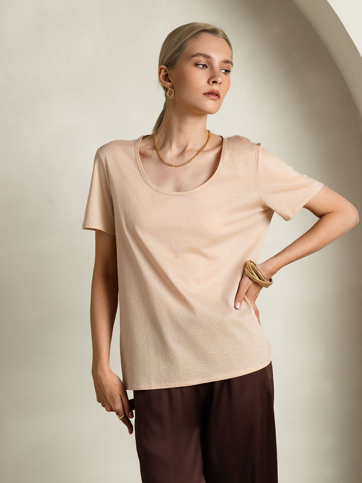 SilkSilky-ES Seda Manga corta Cuello en U Camisetas de Mujer Beige 004