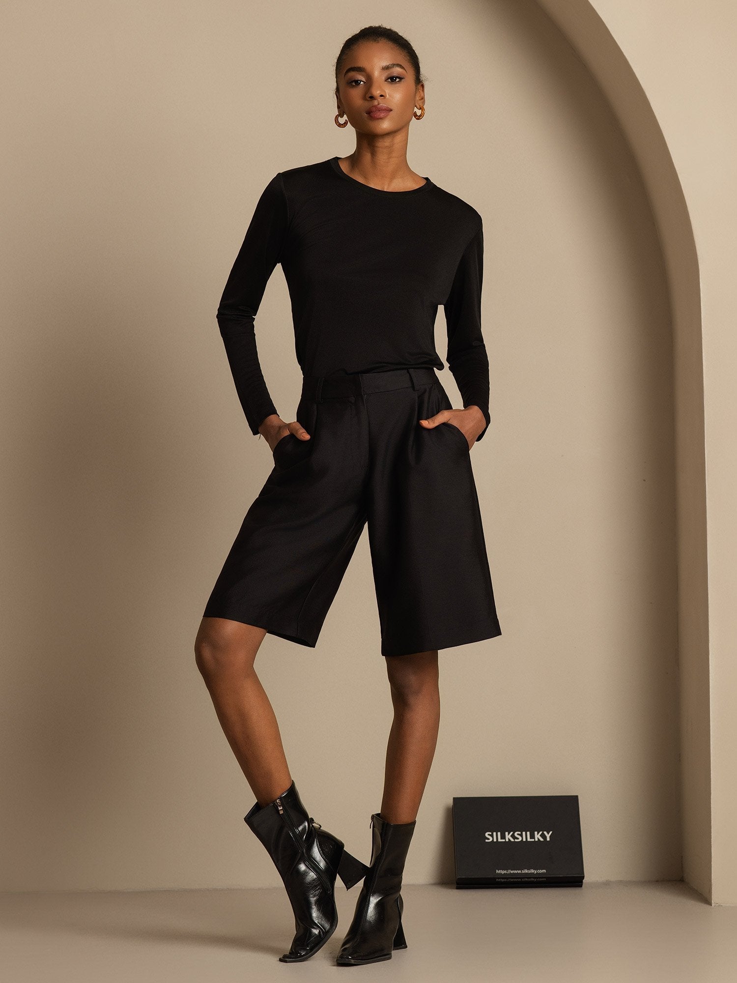 [Negro] SilkSilky-ES 32Momme Silk-Wool Blend Womens Shorts 005,