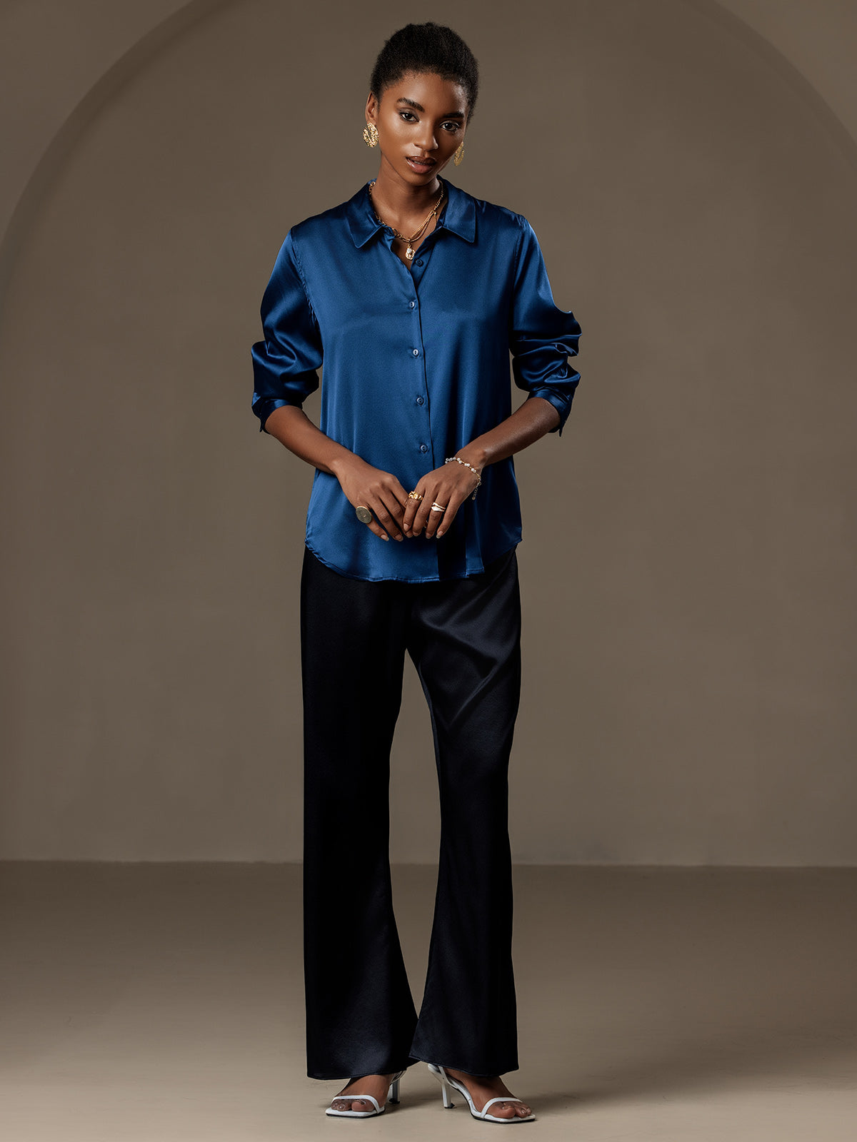 [Azul Real] SilkSilky-ES Seda Cuello Camisero Blusas de Mujer 005