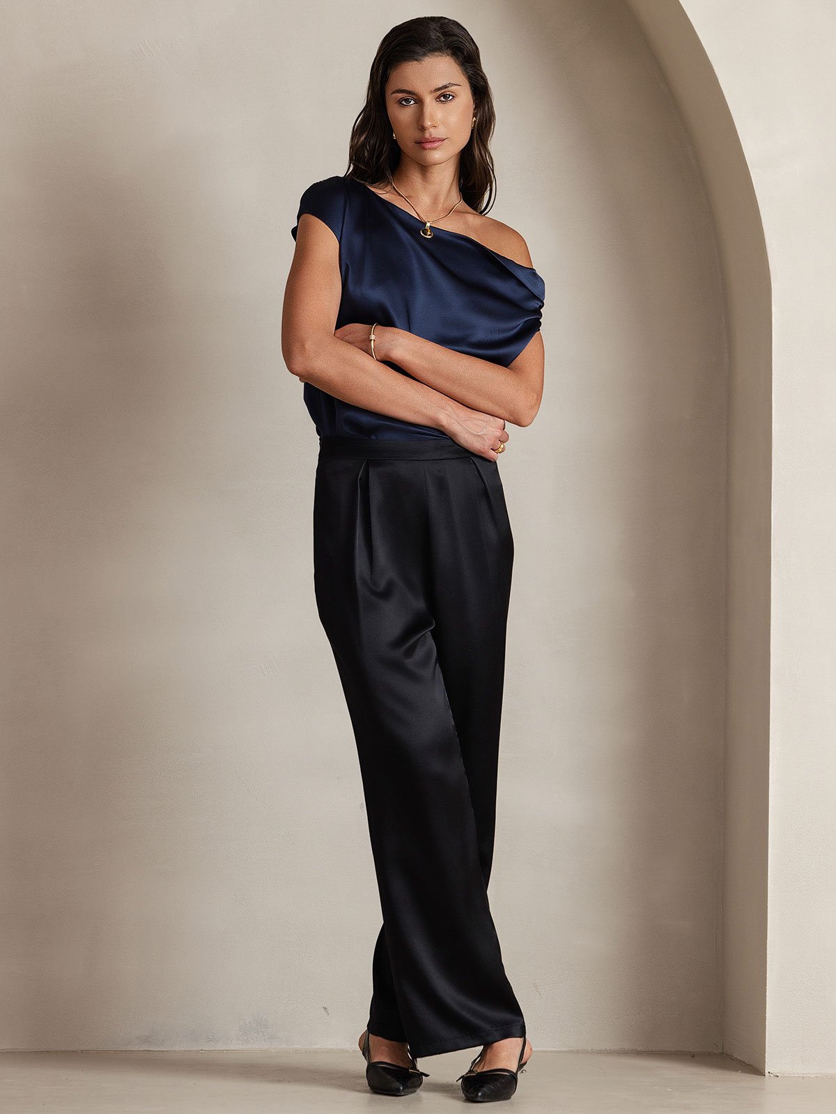 [Negro] SilkSilky-ES 19Momme Seda Womens Pants 007
