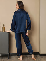 [Azul Oscuro] SilkSilky-ES Long Sleeve Lapel Collar Pijamas de mujer 003