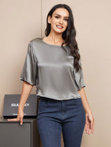 [Gris Oscuro] SilkSilky-ES A metà Escote Cuchara Camisetas de Mujer 005