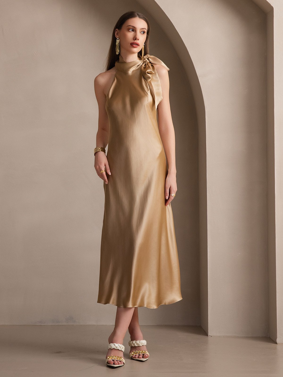 [Champán] SilkSilky-ES 19Momme Seda Sin mangas Corbata Vestido 005