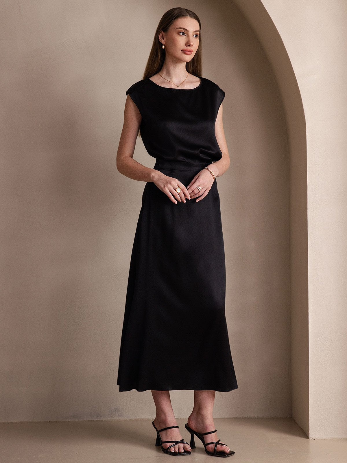 [Negro] SilkSilky-ES 19Momme Seda Skirt 004