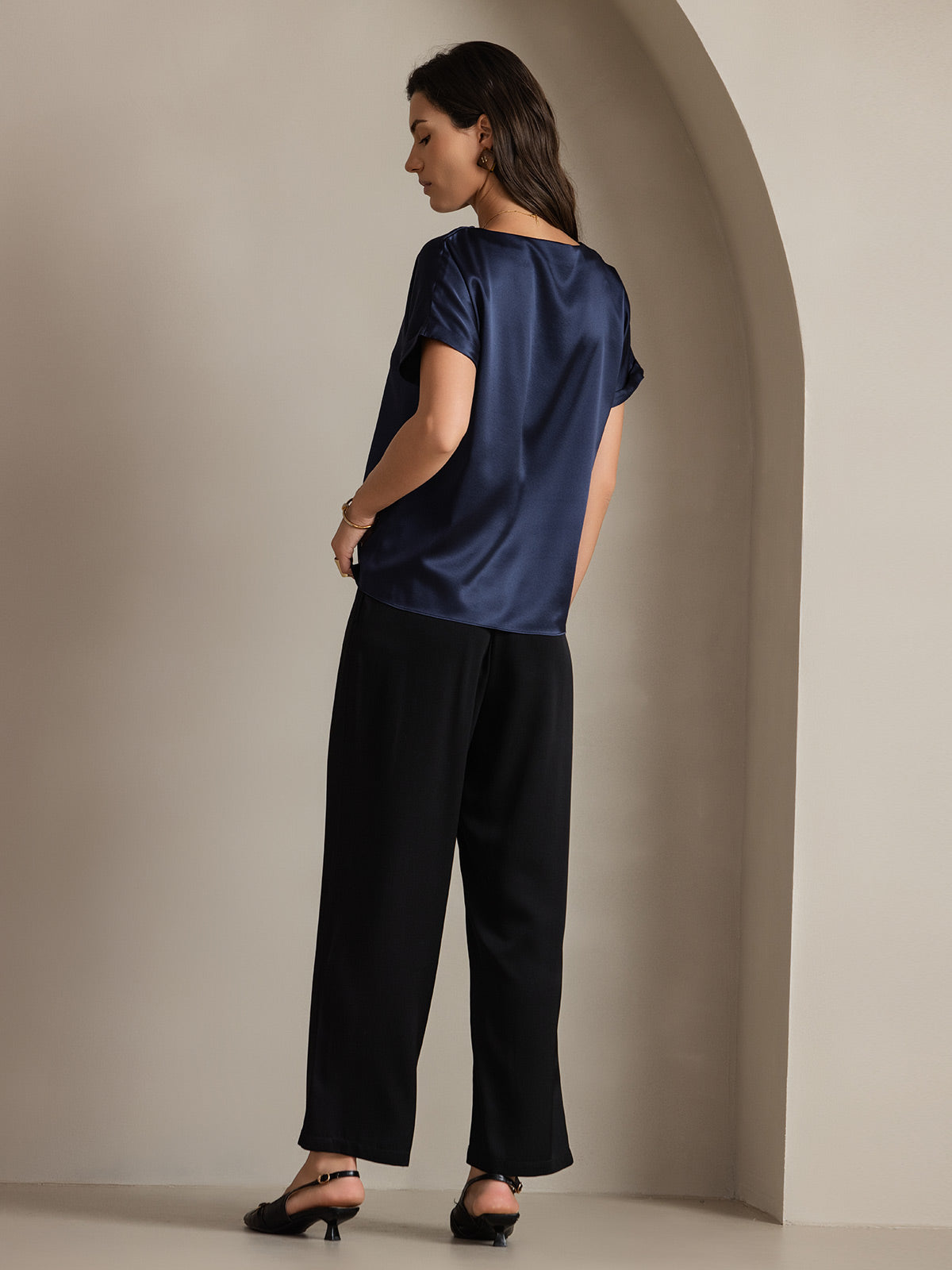 [Azul Oscuro] SilkSilky-ES 19Momme Seda Womens T-Shirt 002,