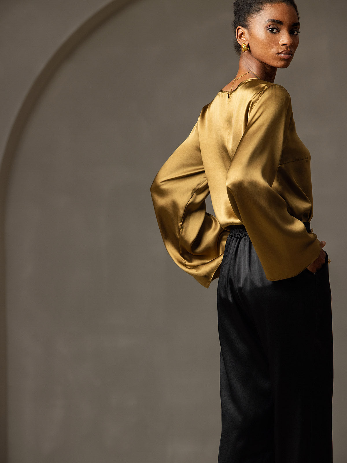 [Marrón] SilkSilky-ES 19Momme Seda Womens T-Shirt 006,