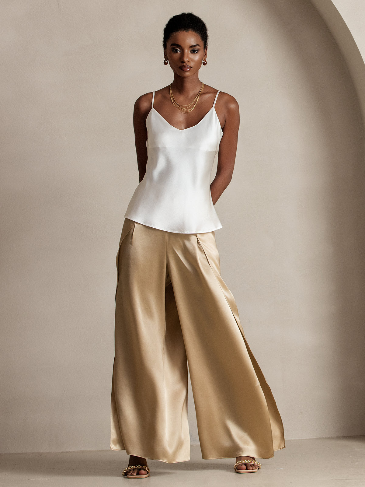[Champán] SilkSilky-ES 19Momme Seda Split Pantalones de mujer 004
