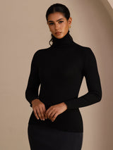 [Negro] SilkSilky-ES Long Sleeve Turtle Neck Camisetas de Mujer 001