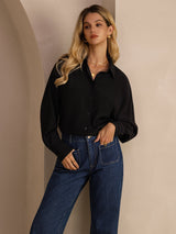 [Negro] SilkSilky-ES Long Sleeve Lapel Collar Blusas de Mujer 005