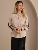 [Marrón Claro] SilkSilky-ES Long Sleeve Keyhole Neck Blusas 003