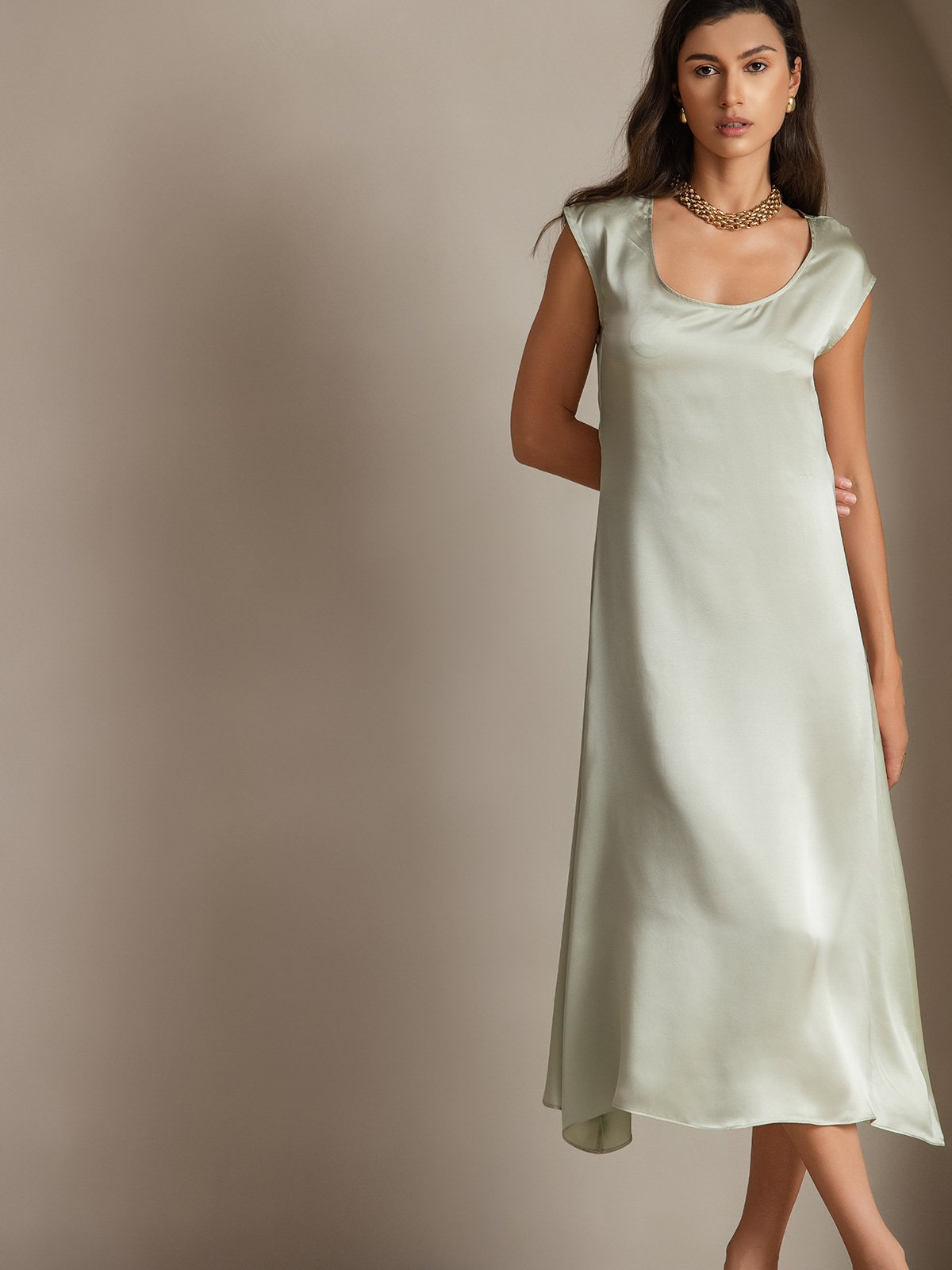 [Verde Claro] SilkSilky-ES 19Momme Seda Sin mangas Dress 003