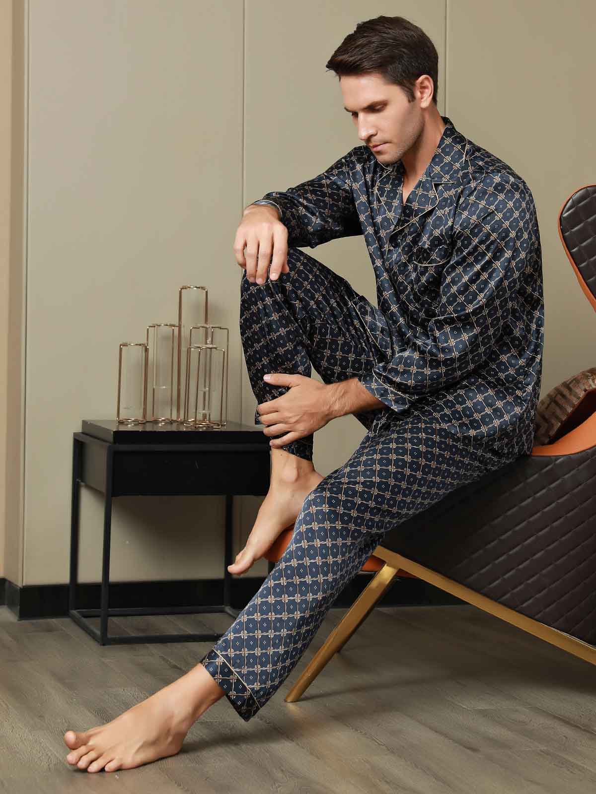 [Cadena Azul Marino] SilkSilky-ES Seda Pura Mens Pajamas 006
