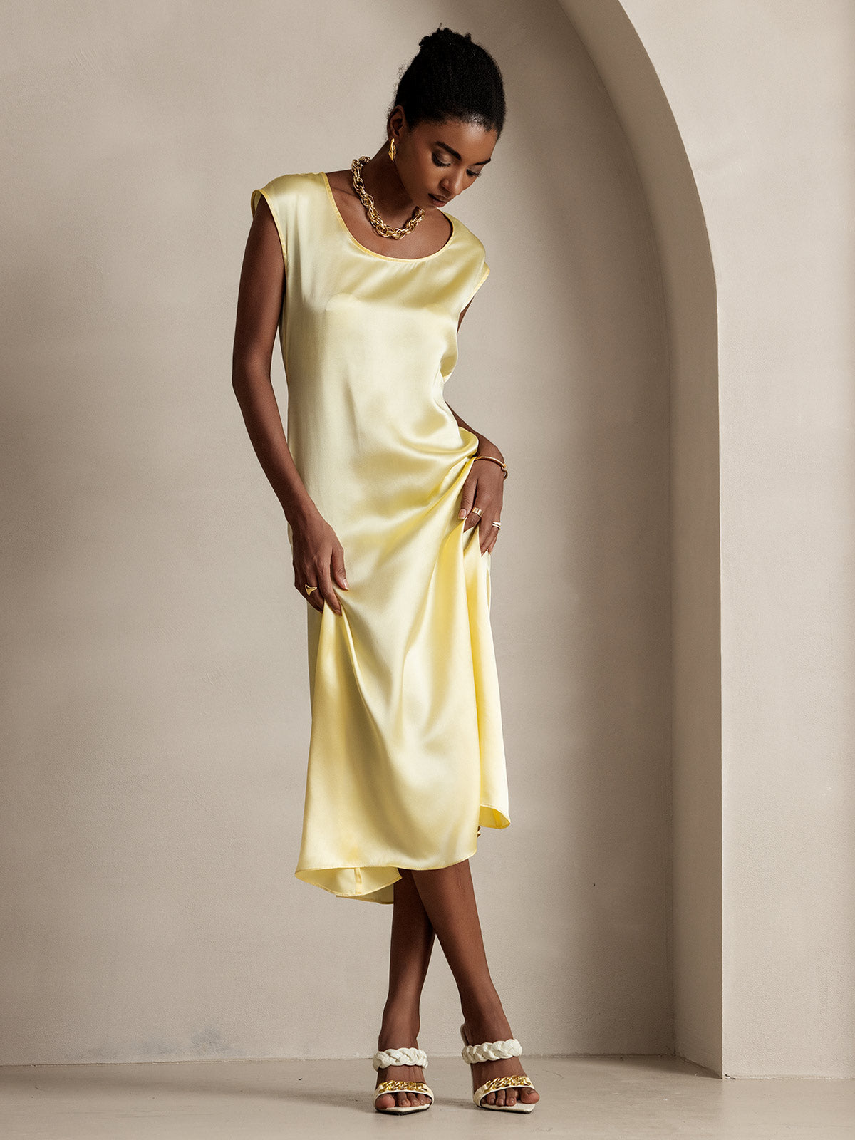 [Amarillo Claro] SilkSilky-ES 19Momme Seda Dress 005