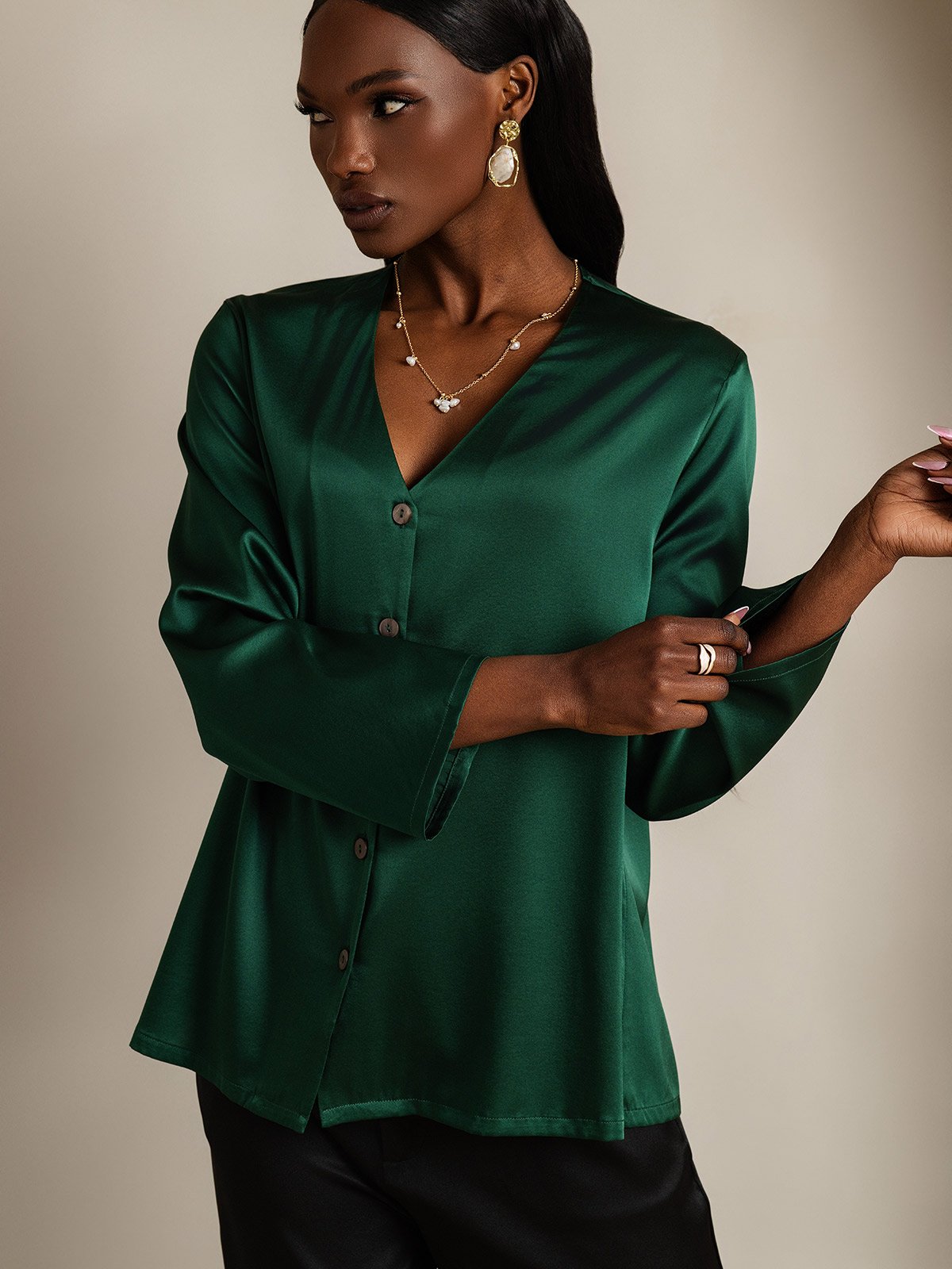 [Verde Oscuro] SilkSilky-ES 19Momme Seda Cuello en V Blusas de Mujer 003