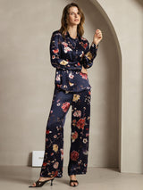 [Floral Azul Marino] SilkSilky-ES 19Momme Seda Cuello Camisero Women''s Outfit Sets 004