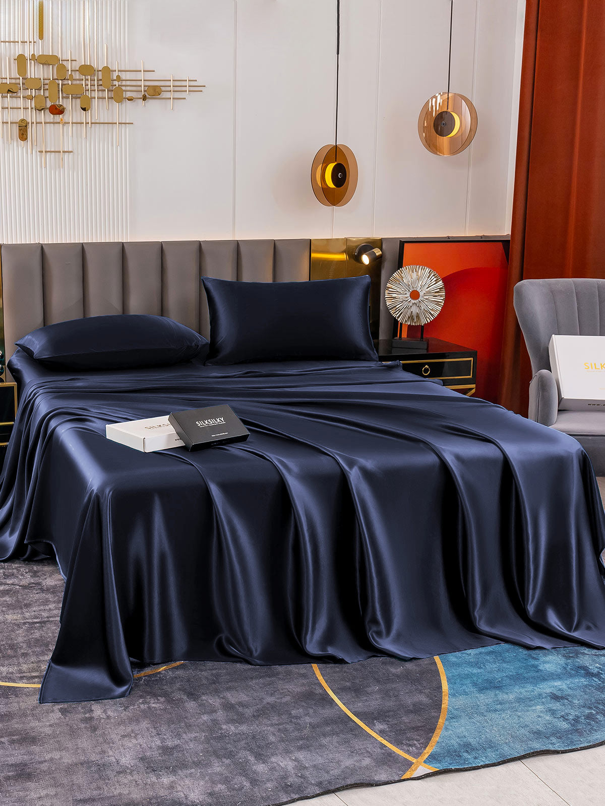 [Azul Oscuro] SilkSilky-ES 19Momme Seda Pura Bedding Set 005