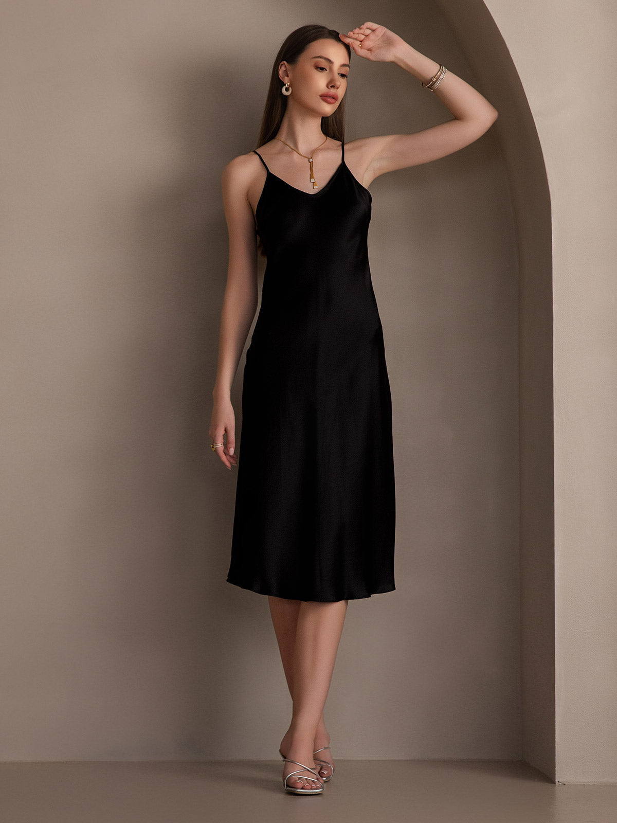 [Negro] SilkSilky-ES Seda Pura Cuello en V profundo Vestido 005