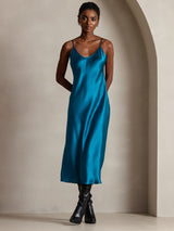 [Azul Real] SilkSilky-ES Spaghetti Strap V Neck Vestido 005