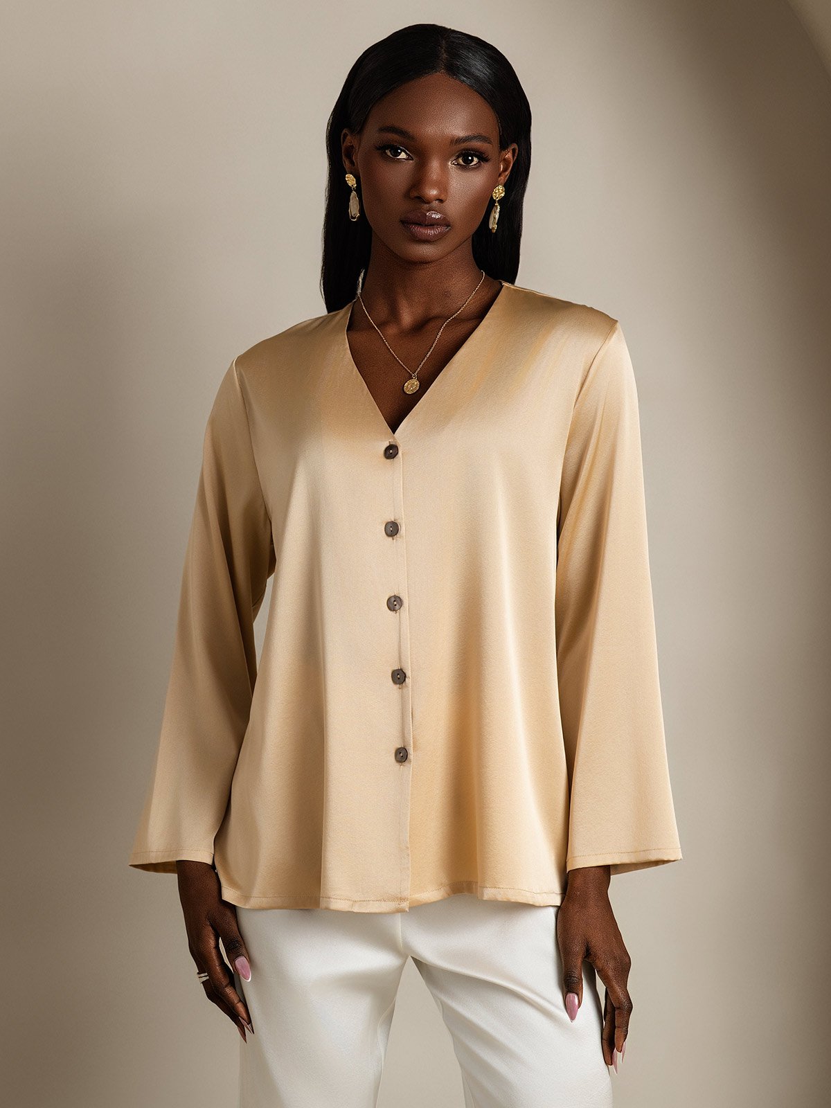 [Champán] SilkSilky-ES 19Momme Seda Cuello en V Blusas de Mujer 003