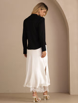 [Negro] SilkSilky-ES Long Sleeve Tie Neck Blusas 005