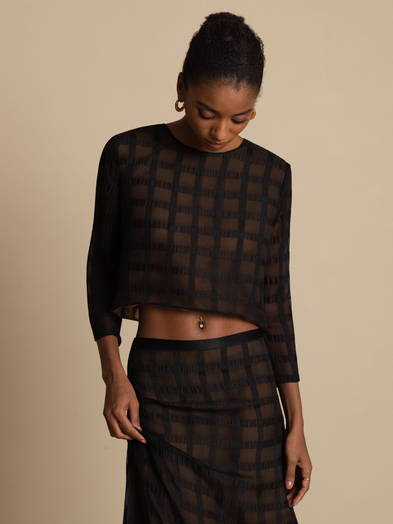 [Negro] SilkSilky-ES Seda Pura Manga larga Cuello Redondo Women''s Outfit Sets 007