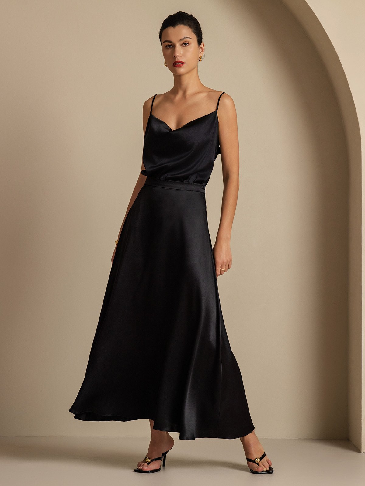 [Negro] SilkSilky-ES 19Momme Seda Cuello Camisero Women''s Outfit Sets 009,