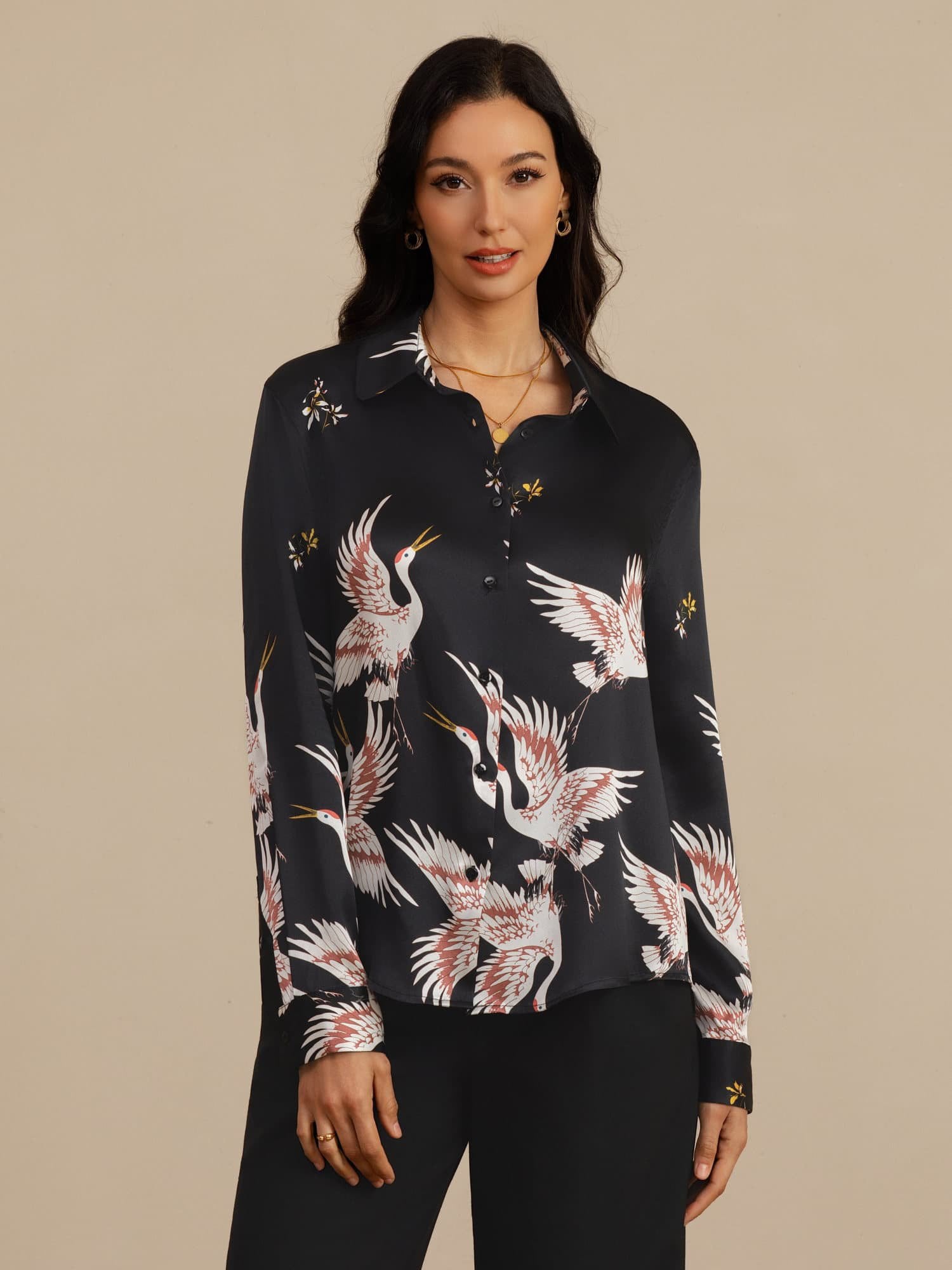 [Negro] SilkSilky-ES 19Momme Manga larga Cuello con Solapa Blusas de Mujer 003