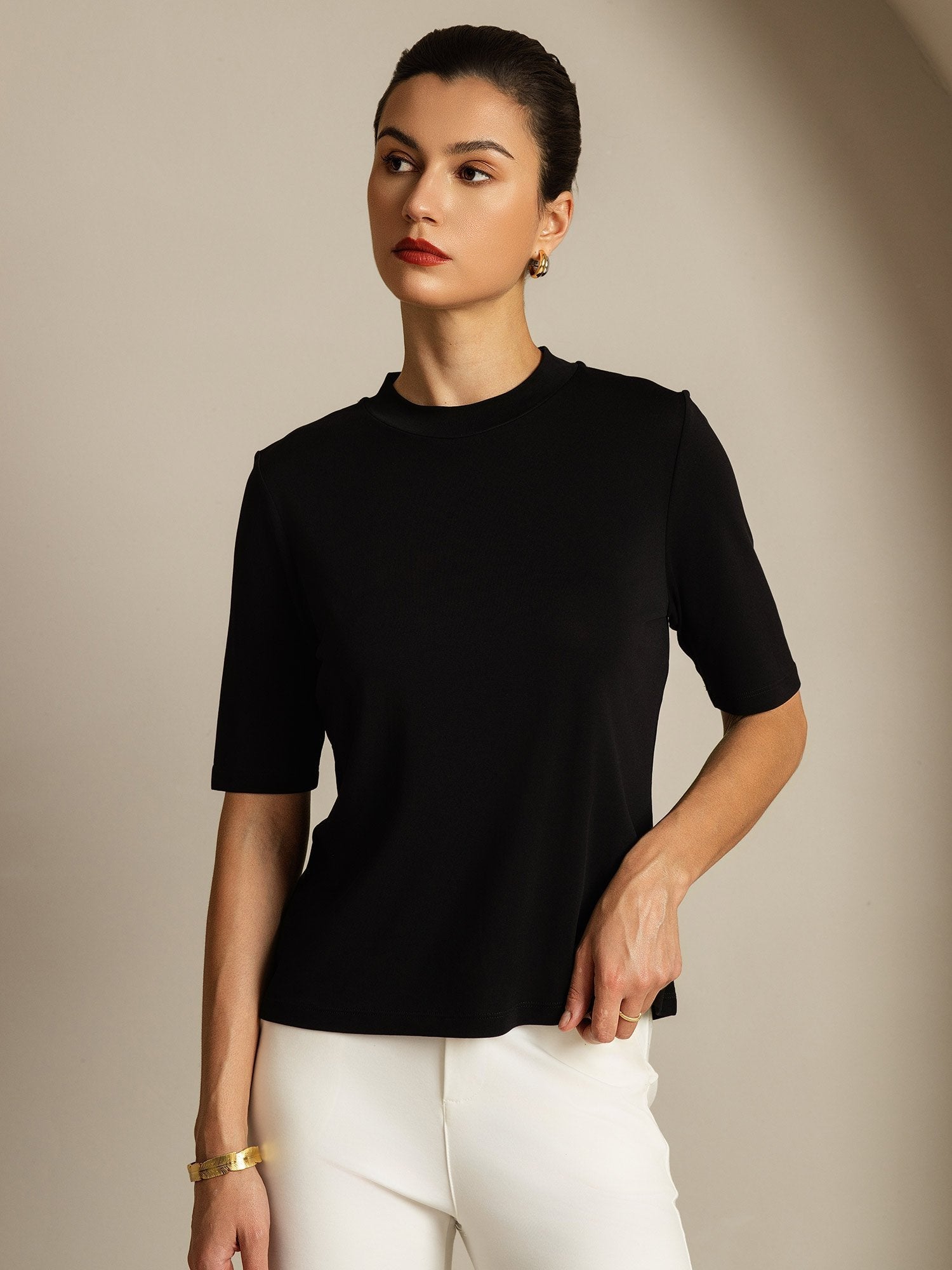 [Negro] SilkSilky-ES Seda Pura Womens T-Shirt 006