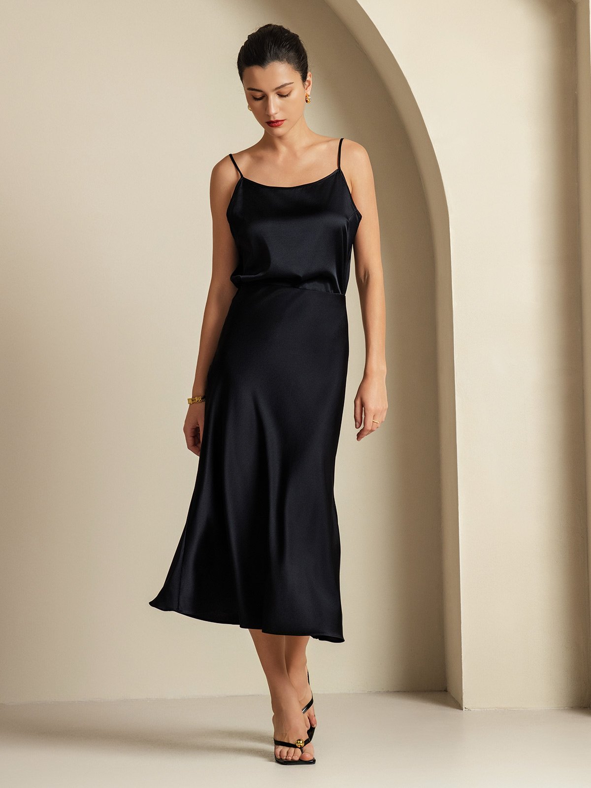 [Negro] SilkSilky-ES 19Momme Seda Pura Womens Outfit Sets 001,