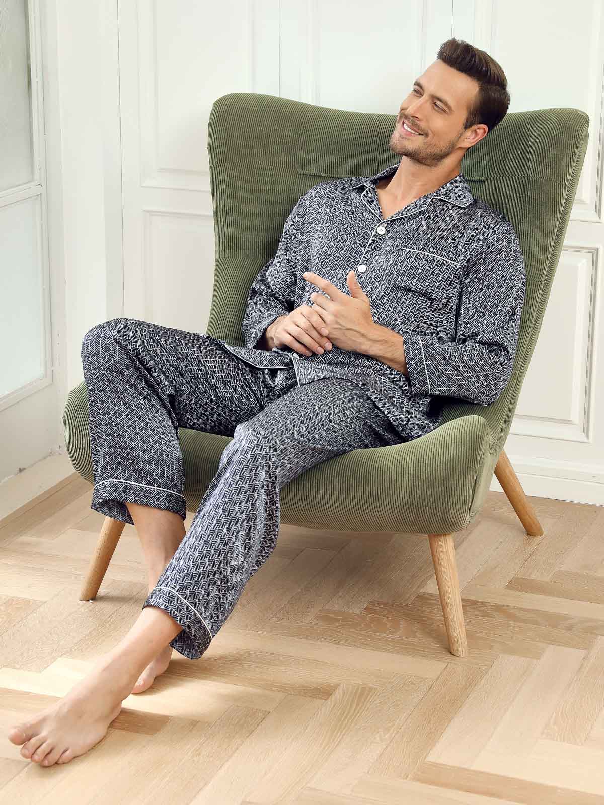 [Ginkgo Azul Marino] SilkSilky-ES 19Momme Seda Pura Mens Pajamas 008
