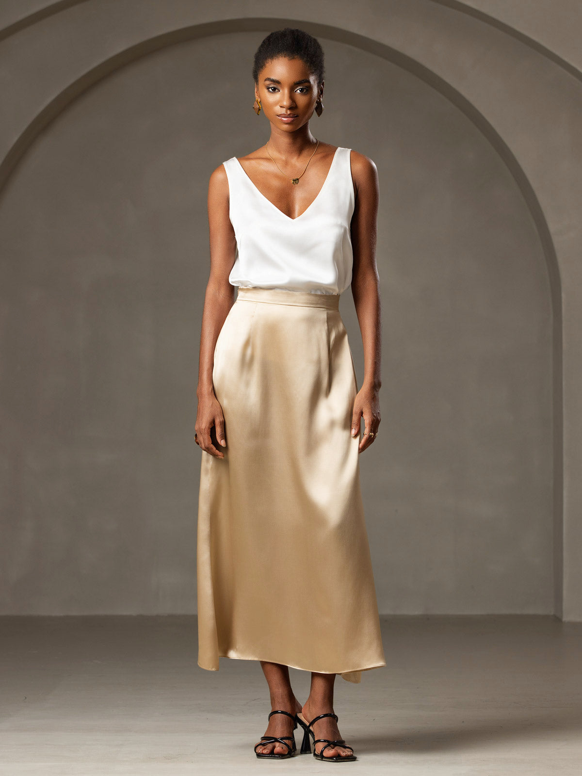[Blanco] SilkSilky-ES 19Momme Seda Cuello en V Top de tirantes 006