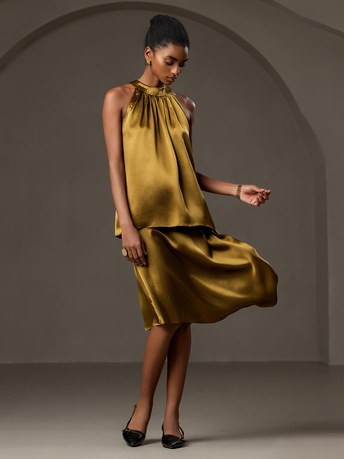 [Marrón] SilkSilky-ES 19Momme Seda Skirt 005