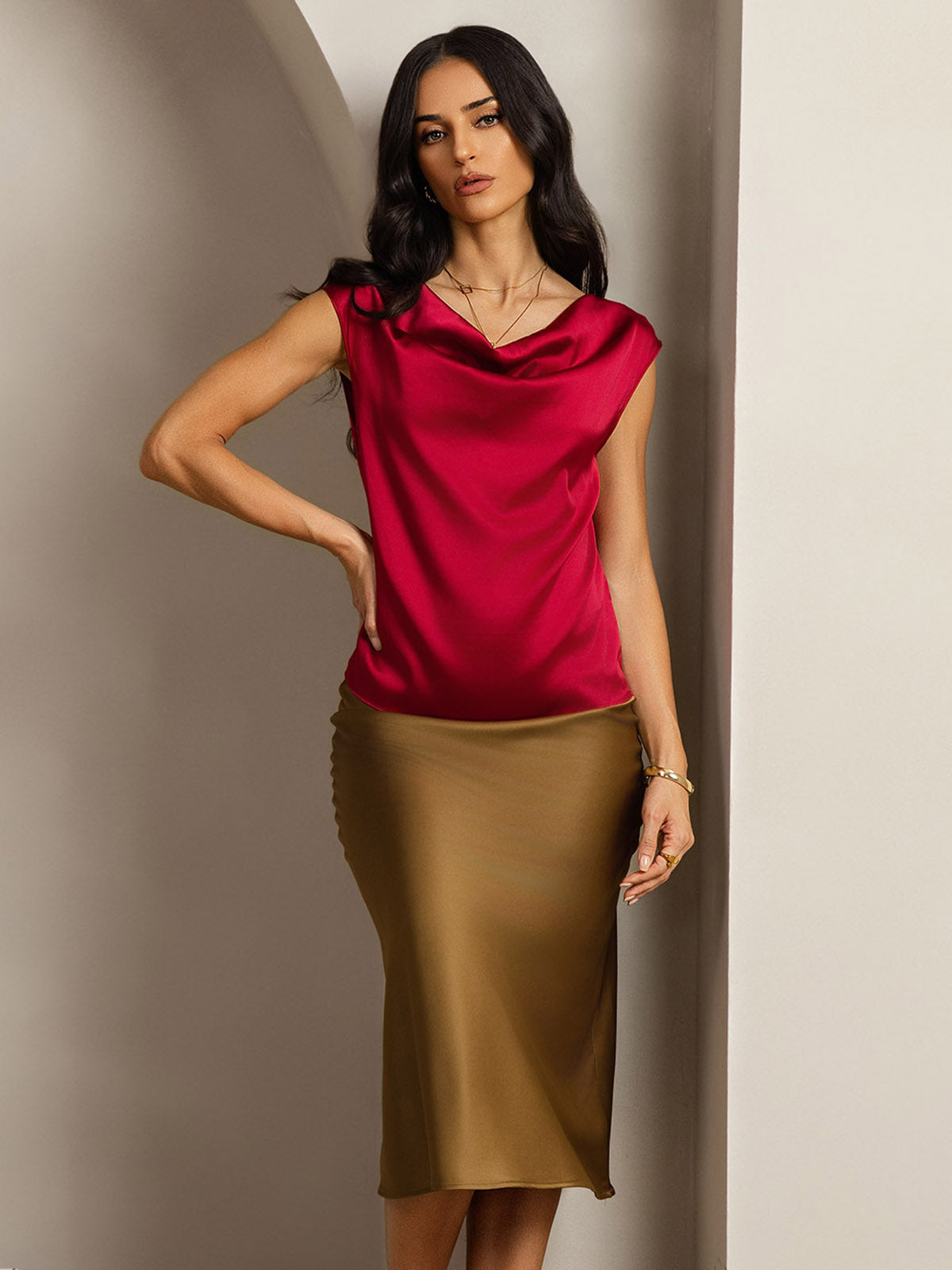 [Vino] SilkSilky-ES 19Momme Seda Escote Caído Camisetas de Mujer 004