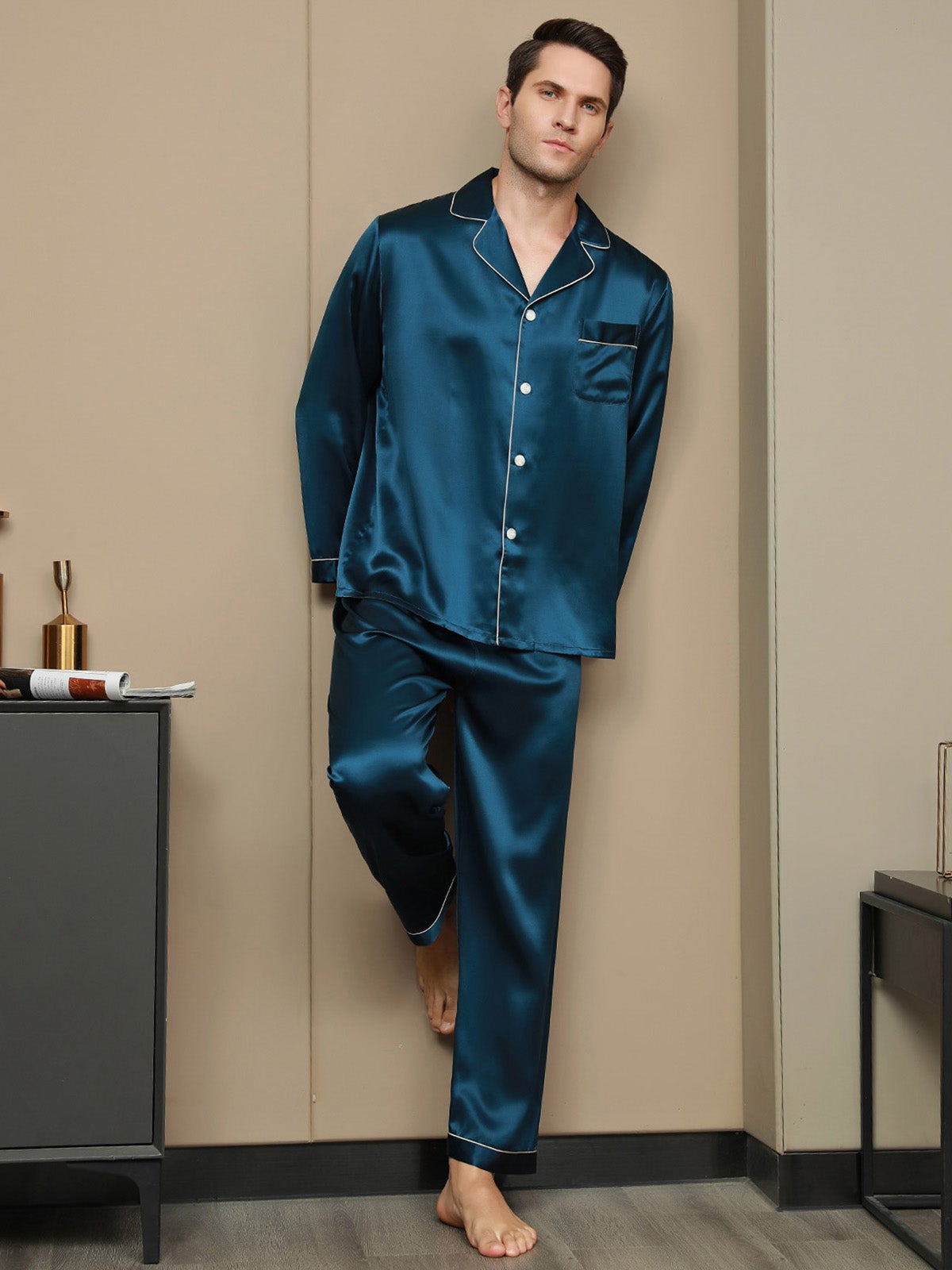 [Azul Real] SilkSilky-ES 19Momme Seda Pura Mens Pajamas 004