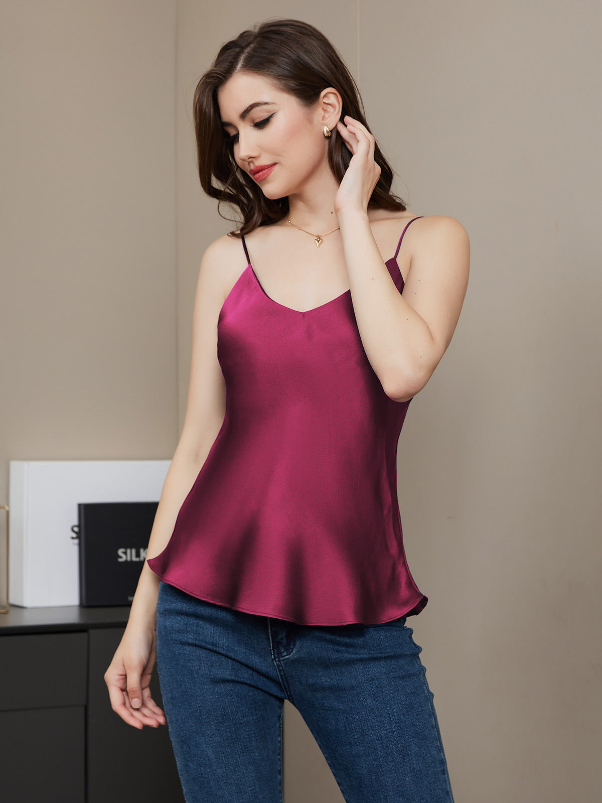 [Fucsia] SilkSilky-ES Seda Pura Sin mangas Cuello en V Top de tirantes 005